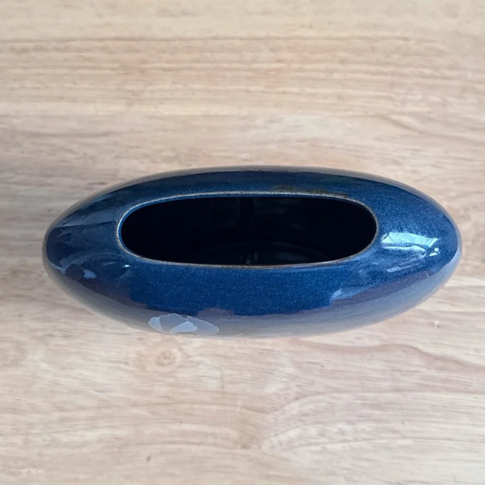 Vintage Otagiri 7” Cobalt Blue Iris Vase Japan Floral Design Ceramic 1970s 1980s